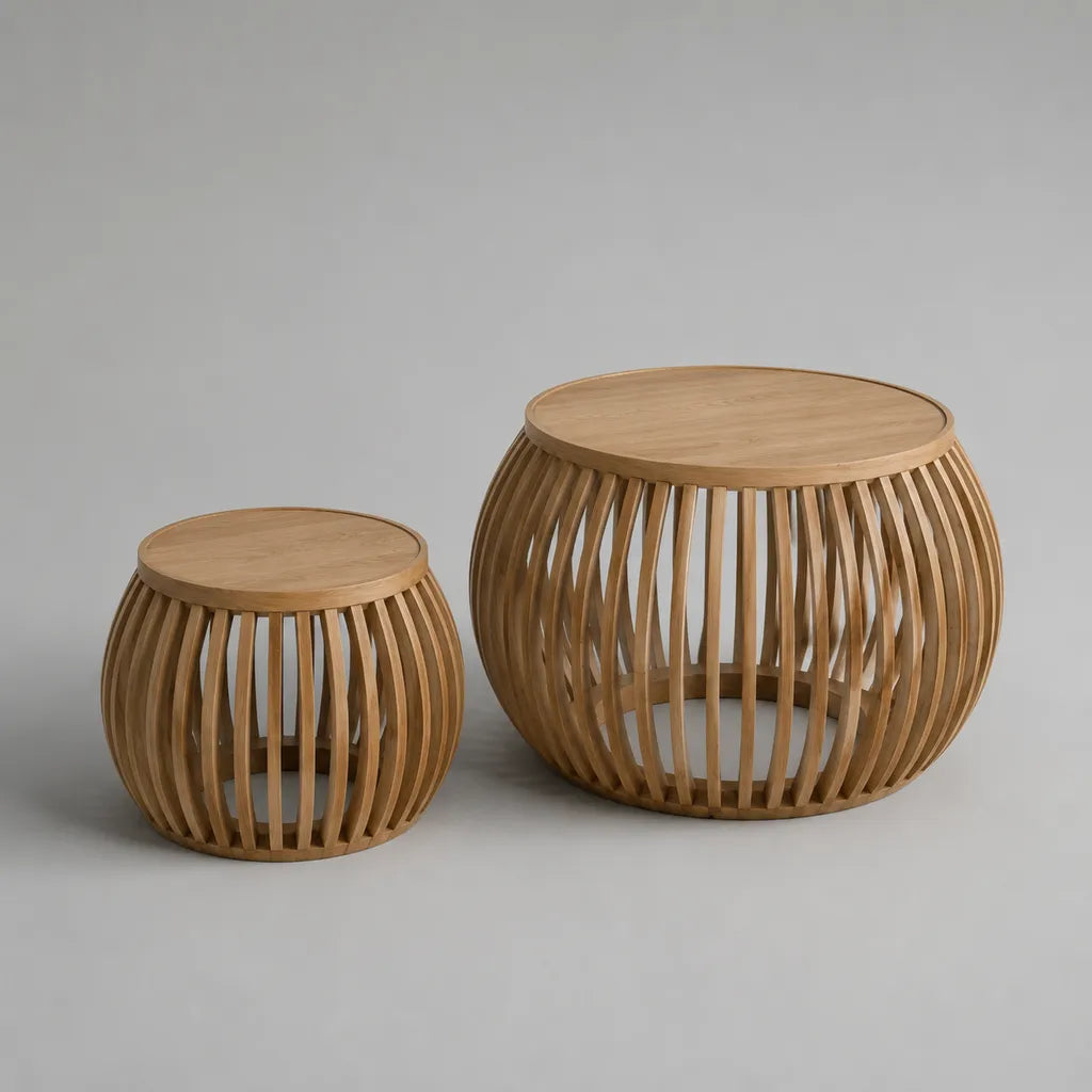 2-teiliges rundes Couchtisch-Set aus massivem Bambus, Naturbraun, Ø 70 × H 45 cm und Ø 45 × H 40 cm