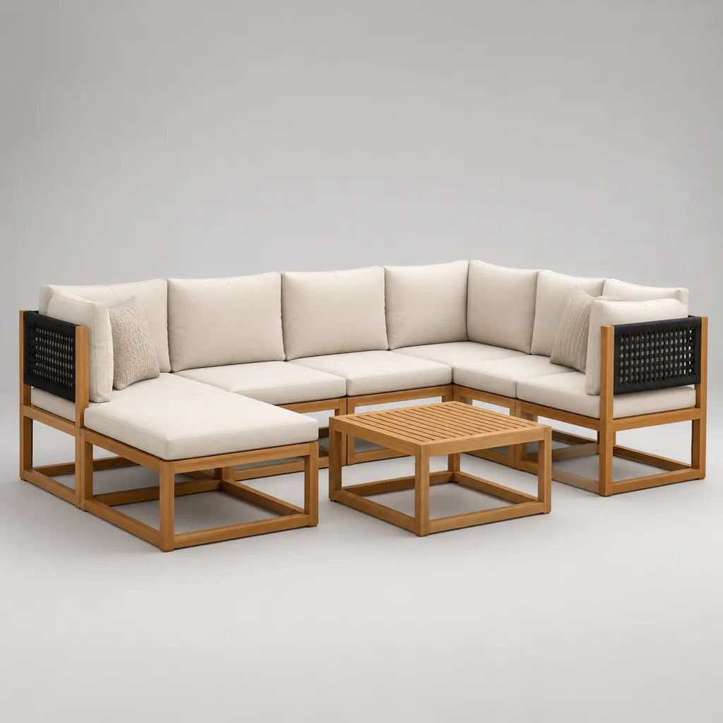 6-teiliges Gartensofa-Set in U-Form aus Holz und Polypropylen-Seilgeflecht, Naturbraun/Schwarz/Creme, 280 × 210 × 72 cm