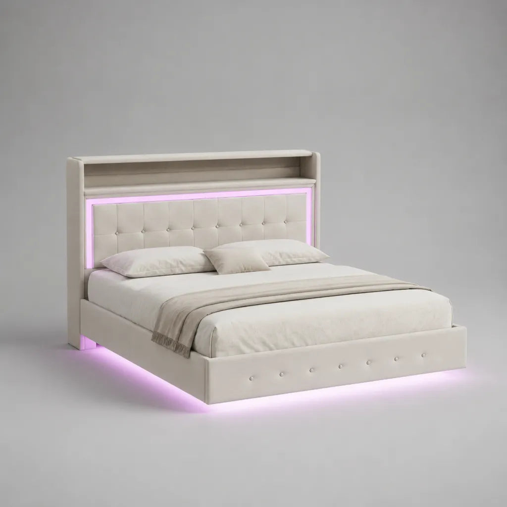 Polsterbett Doppelbett aus Holz und Polyester, Liegefläche 180 x 200 cm, Gesamtmaß 196 x 218 x 150 cm, mit LED-Beleuchtung, Ablagekopfteil und Lattenrost, Cremeweiß