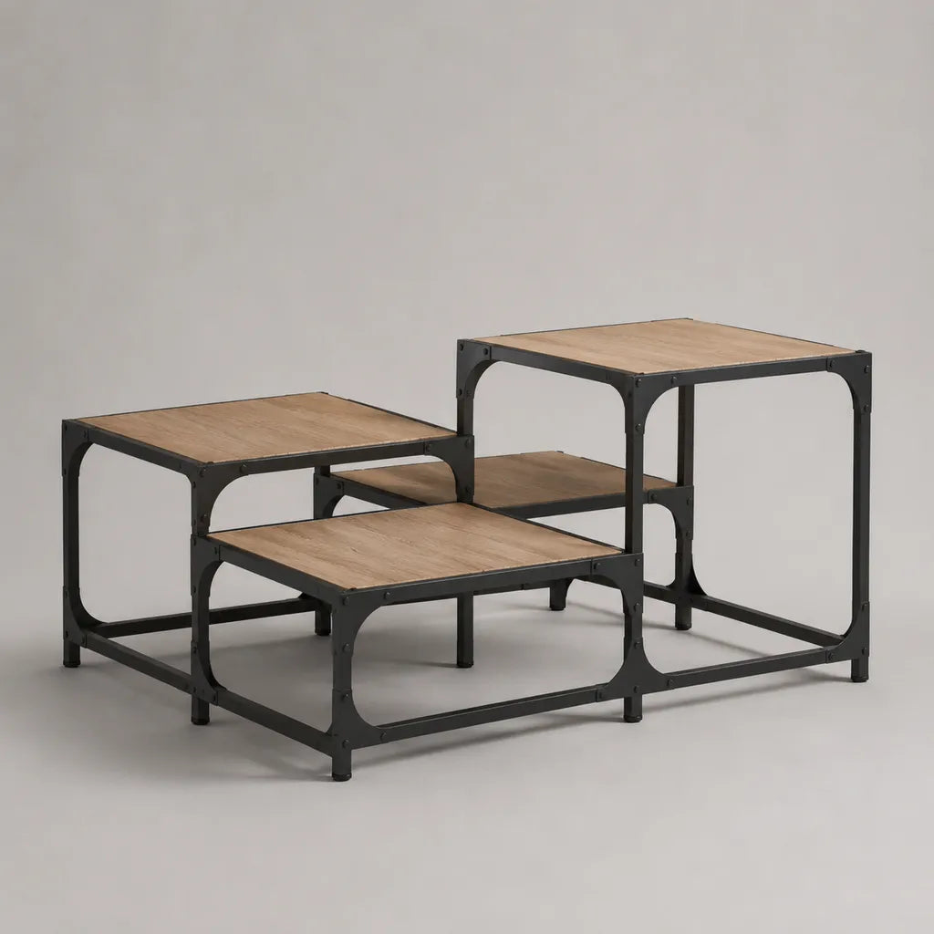 4-teiliges Couchtisch-Set, quadratische Satztische aus Spanplatte und Stahl, Eichefarben/Schwarz, 50 × 50 × 55 cm, 50 × 50 × 45 cm, 50 × 50 × 35 cm und 40 × 40 × 30 cm