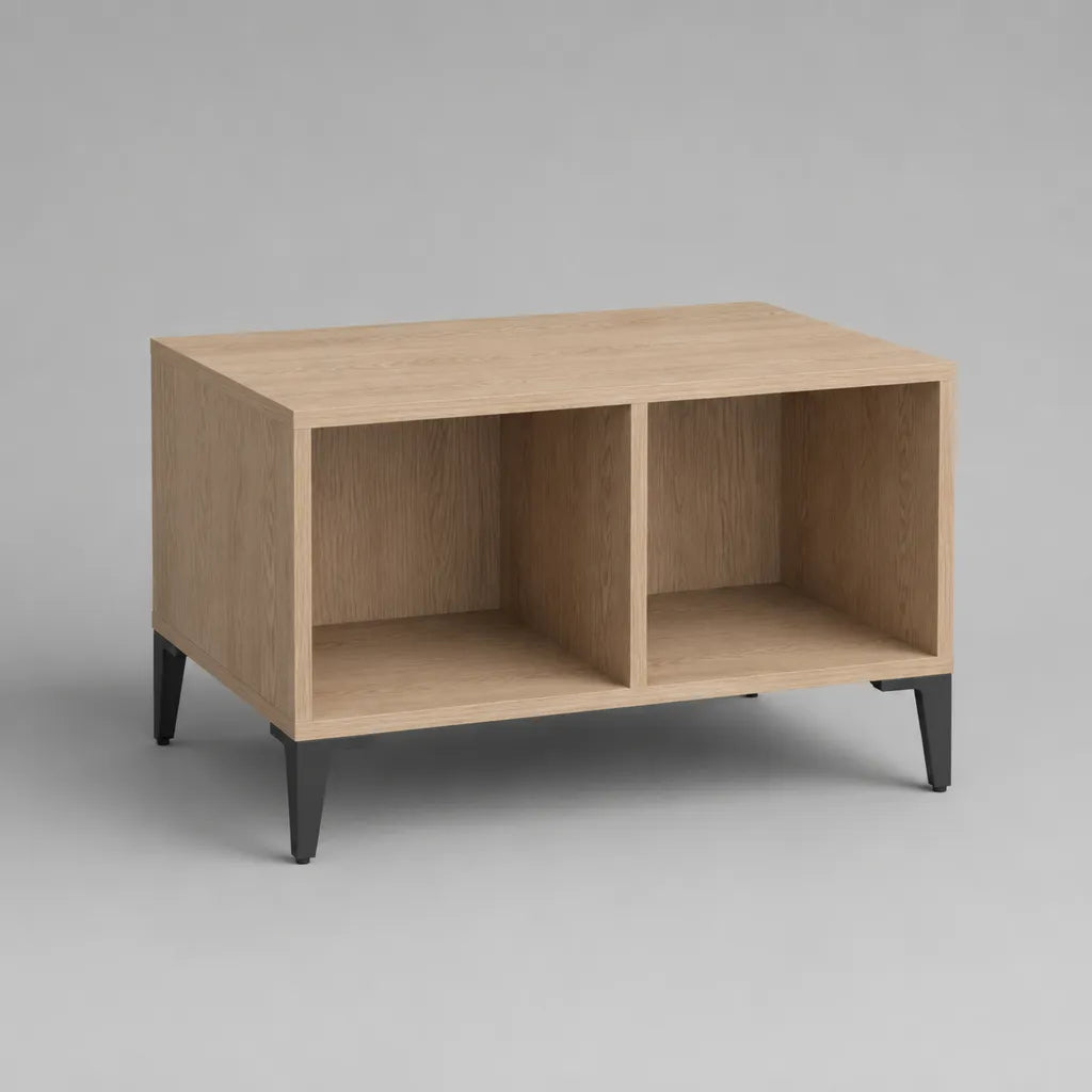 Rechteckiger Couchtisch aus Spanplatte und Stahl mit 2 offenen Fächern, Eichefarben/Schwarz, 90 × 50 × 45 cm