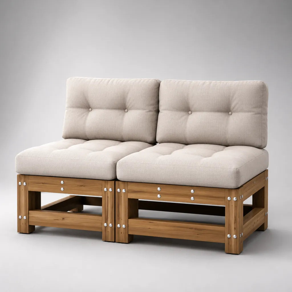 2-teiliges Gartensofa, 2-Sitzer aus massivem Akazienholz mit beigen Stoffauflagen, Naturbraun/Beige, 132 × 74 × 85 cm