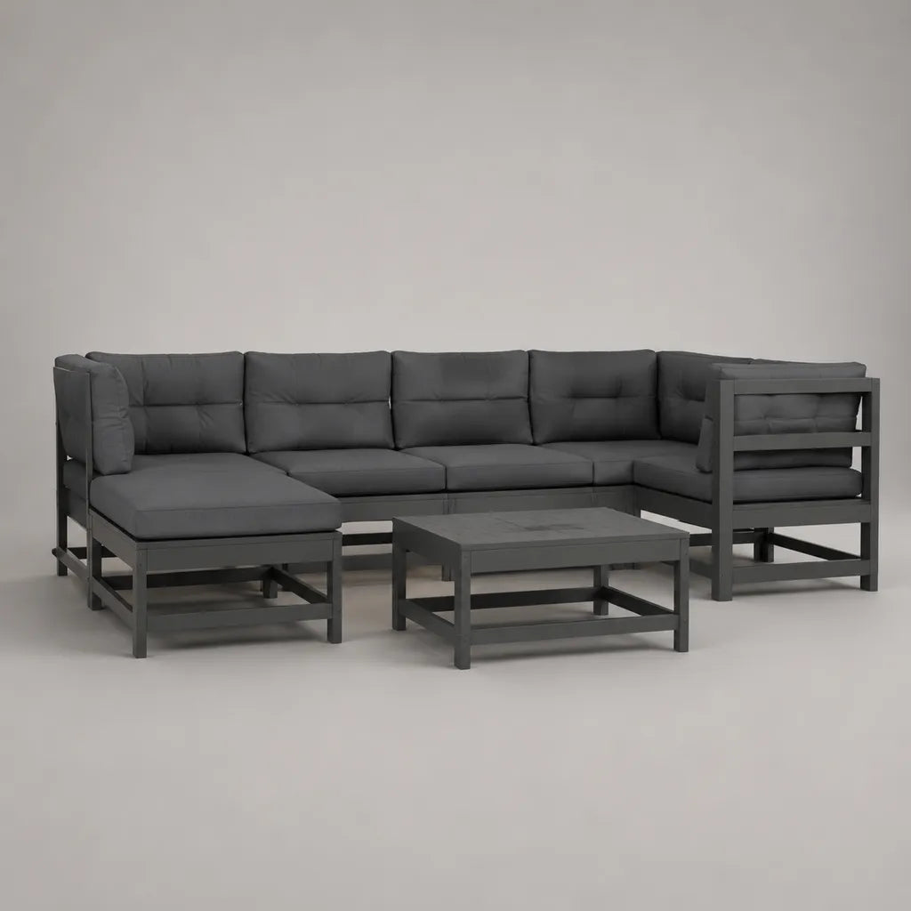 6-teiliges Gartensofa mit Tisch aus massivem Akazienholz und Polyesterpolstern, U-Form, Anthrazit, 314 × 160 × 72 cm