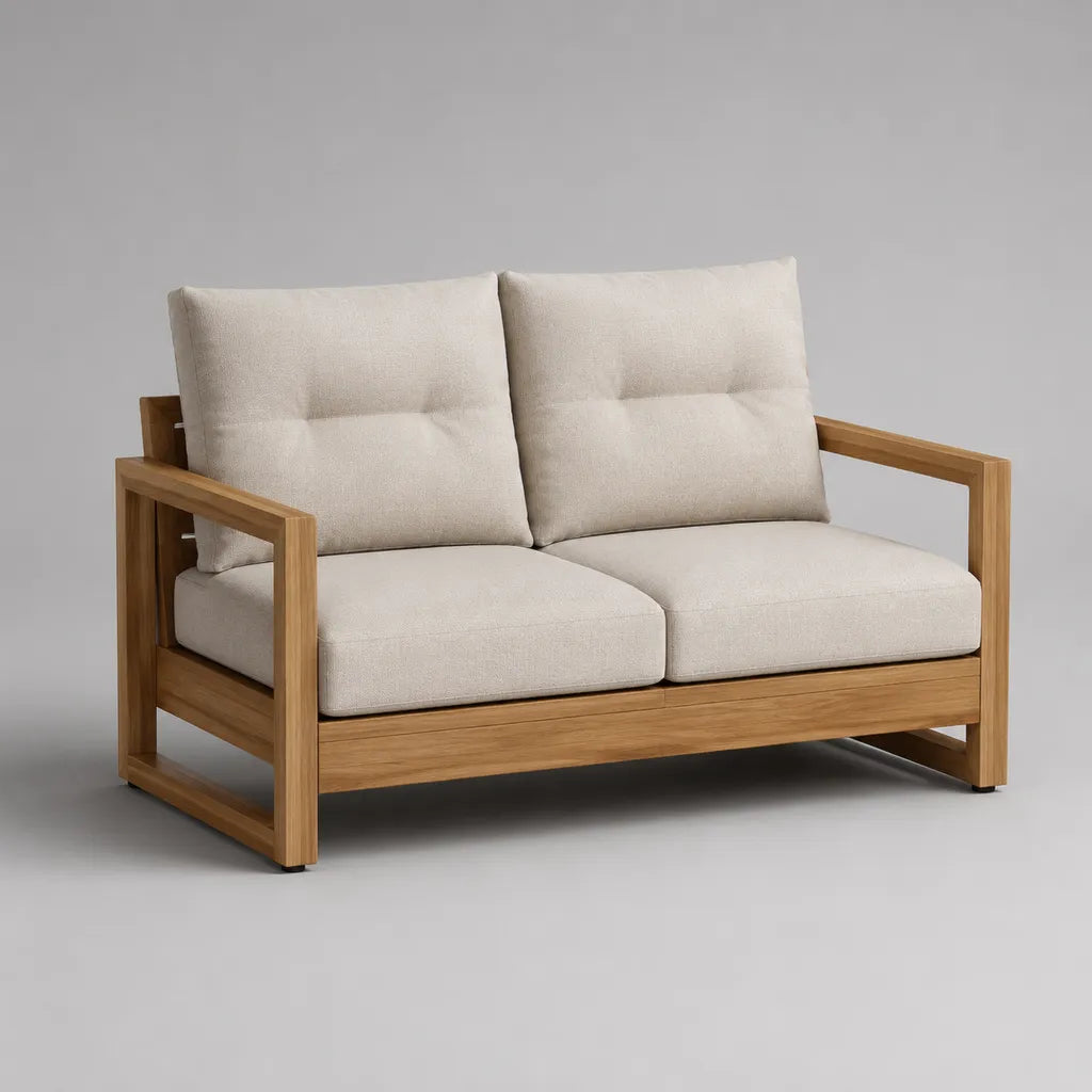 Gartensofa 2-Sitzer aus massivem Akazienholz mit Polyesterkissen, Natur und Creme, 150 × 80 × 84 cm