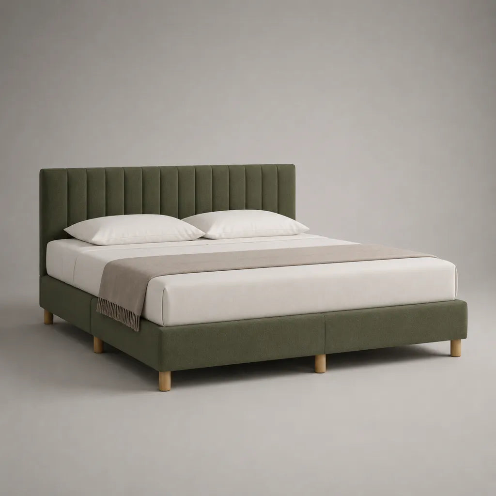 Polsterbett-Doppelbett mit Lattenrost und vertikal gepolstertem Kopfteil aus Polyester, Olivgrün, Liegefläche 160 × 200 cm