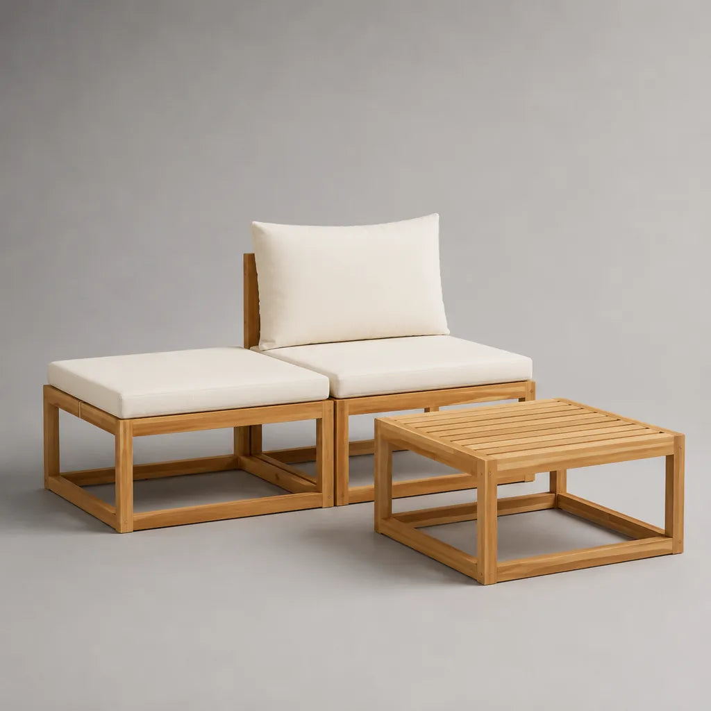 3-teiliges Gartensofa-Set aus Akazien-Massivholz mit Polyesterpolstern, Hellbraun/Naturweiß, Sitzmodule je 70 x 70 cm, Tisch 70 x 70 x 35 cm