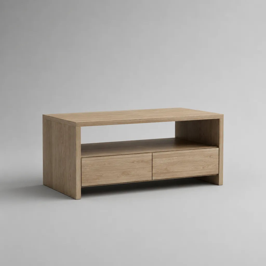 Couchtisch aus Spanplatte mit 2 Schubladen und offenem Ablagefach, Eiche Natur, 100 × 50 × 55 cm