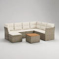 Garten-Lounge-Set 7-teilig mit Ecksofa und Tisch, PE-Rattan, Stahl und Holz, Grau, Creme und Naturbraun, 233 × 233 × 74 cm