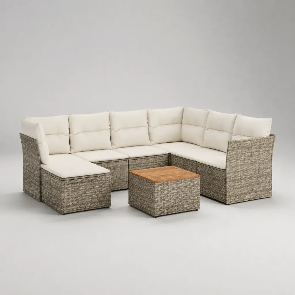 Garten-Lounge-Set 7-teilig mit Ecksofa und Tisch, PE-Rattan, Stahl und Holz, Grau, Creme und Naturbraun, 233 × 233 × 74 cm