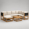 6-teiliges Gartensofa-Set in U-Form aus Holz und Polypropylen-Seilgeflecht, Naturbraun/Schwarz/Creme, 280 × 210 × 72 cm