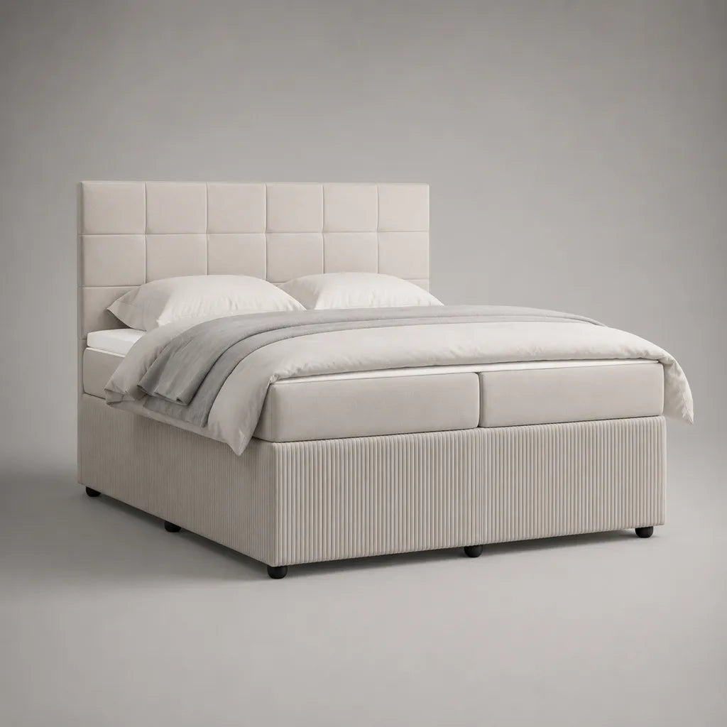 Boxspringbett 180 x 200 cm mit 2 Taschenfederkernmatratzen und Polyesterbezug, Cremeweiß