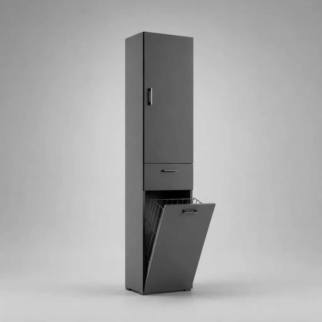 Wäscheschrank-Hochschrank aus melaminbeschichteter Spanplatte mit Kippwäschekorb und Schublade, Graphitgrau/Schwarz, 190 × 40 × 35 cm