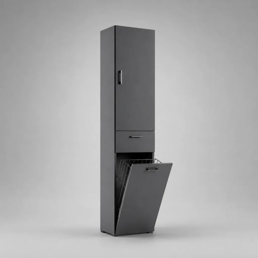 Wäscheschrank-Hochschrank aus melaminbeschichteter Spanplatte mit Kippwäschekorb und Schublade, Graphitgrau/Schwarz, 190 × 40 × 35 cm