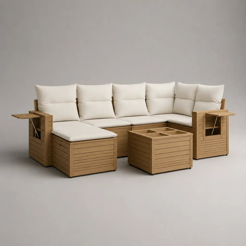 3-teiliges L-förmiges Gartensofa-Set aus Akazien-Massivholz mit Polyesterkissen, Naturbraun und Naturweiß, 270 × 200 × 88 cm