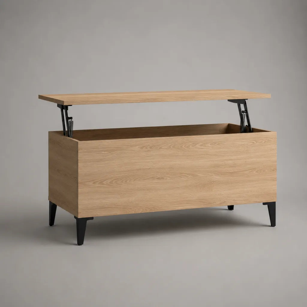 Couchtisch mit anhebbarer Tischplatte und Stauraum aus Holz und Metall, Eiche hell/Schwarz, 100 × 50 × 50–65 cm