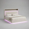 Polsterbett Doppelbett aus Holz und Polyester, Liegefläche 180 x 200 cm, Gesamtmaß 196 x 218 x 150 cm, mit LED-Beleuchtung, Ablagekopfteil und Lattenrost, Cremeweiß