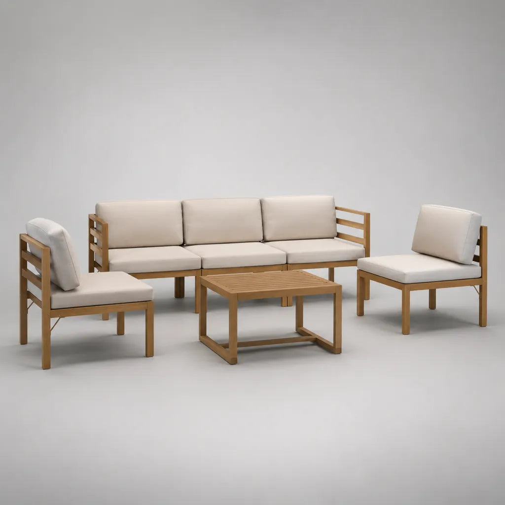 4-teiliges Gartenmöbel-Set aus Akazien-Massivholz, Beige/Naturbraun, 3-Sitzer 190 × 75 × 75 cm, 2 Sessel 68 × 75 × 75 cm, Tisch 90 × 55 × 40 cm