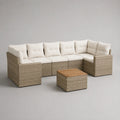 7-teiliges Gartensofa-Set in U-Form aus PE-Rattan mit Stahlgestell und Akazienholztisch, Beige, Cremeweiß und Naturbraun, 300 × 190 × 72 cm