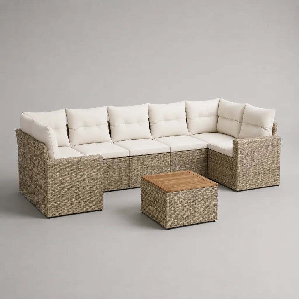 7-teiliges Gartensofa-Set in U-Form aus PE-Rattan mit Stahlgestell und Akazienholztisch, Beige, Cremeweiß und Naturbraun, 300 × 190 × 72 cm