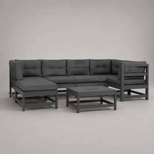 6-teiliges Gartensofa mit Tisch aus massivem Akazienholz und Polyesterpolstern, U-Form, Anthrazit, 314 × 160 × 72 cm
