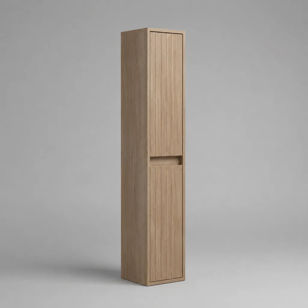 Hochschrank aus Spanplatte und MDF mit 2 Türen und offenem Fach, Eiche Natur, 30 × 30 × 180 cm