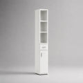 Schmaler Badezimmer-Hochschrank aus melaminharzbeschichteter Spanplatte mit 3 offenen Fächern, Schublade und Tür, Weiß/Silber, 30 × 30 × 190 cm