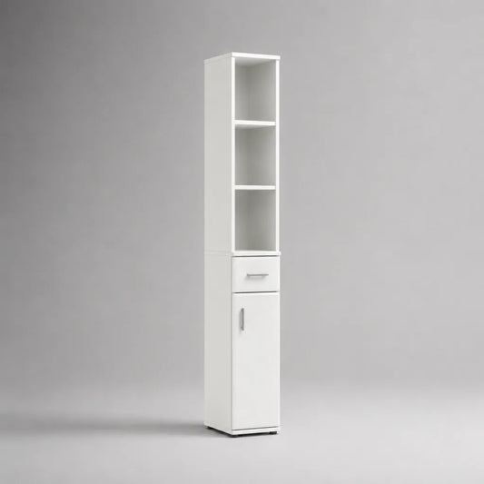 Schmaler Badezimmer-Hochschrank aus melaminharzbeschichteter Spanplatte mit 3 offenen Fächern, Schublade und Tür, Weiß/Silber, 30 × 30 × 190 cm