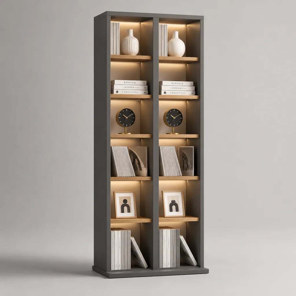 Bücherschrank mit LED-Beleuchtung, 12 offene Fächer, melaminharzbeschichtete Spanplatte, Anthrazit und Eiche, 80 × 30 × 200 cm