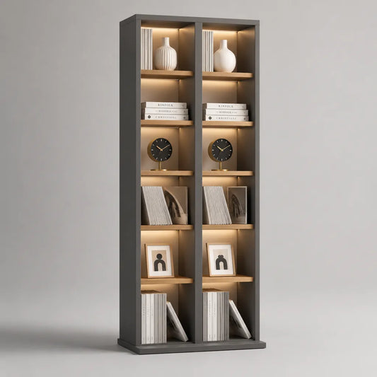 Bücherschrank mit LED-Beleuchtung, 12 offene Fächer, melaminharzbeschichtete Spanplatte, Anthrazit und Eiche, 80 × 30 × 200 cm