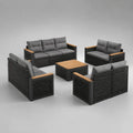 5-teiliges Gartensofa-Set aus PE-Rattan, Aluminium und Holz mit grauen Polstern, Dreisitzer 196 x 78 x 74 cm, Zweisitzer 135 x 78 x 74 cm, Tisch 80 x 80 x 40 cm, Anthrazit/Grau/Naturbraun
