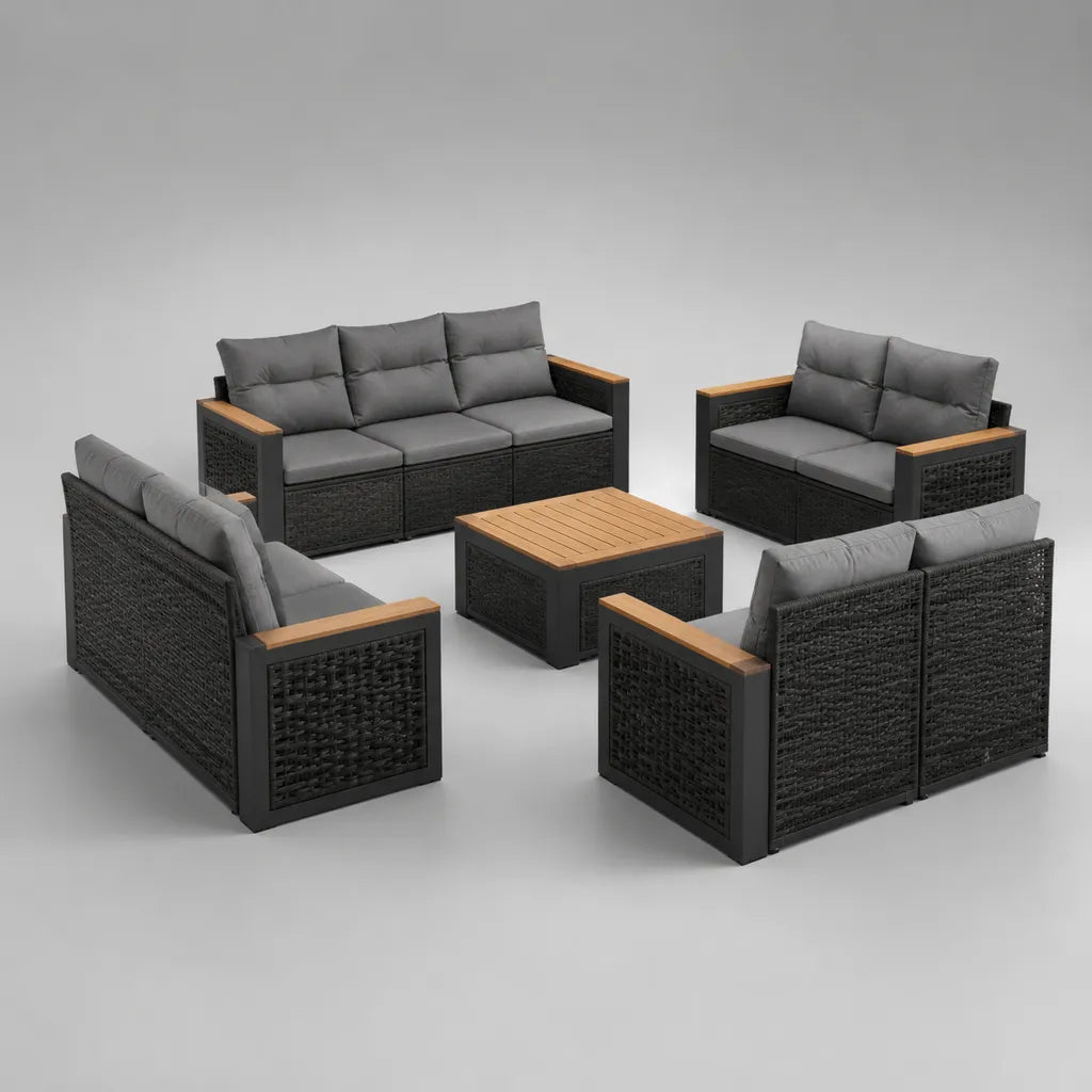 5-teiliges Gartensofa-Set aus PE-Rattan, Aluminium und Holz mit grauen Polstern, Dreisitzer 196 x 78 x 74 cm, Zweisitzer 135 x 78 x 74 cm, Tisch 80 x 80 x 40 cm, Anthrazit/Grau/Naturbraun