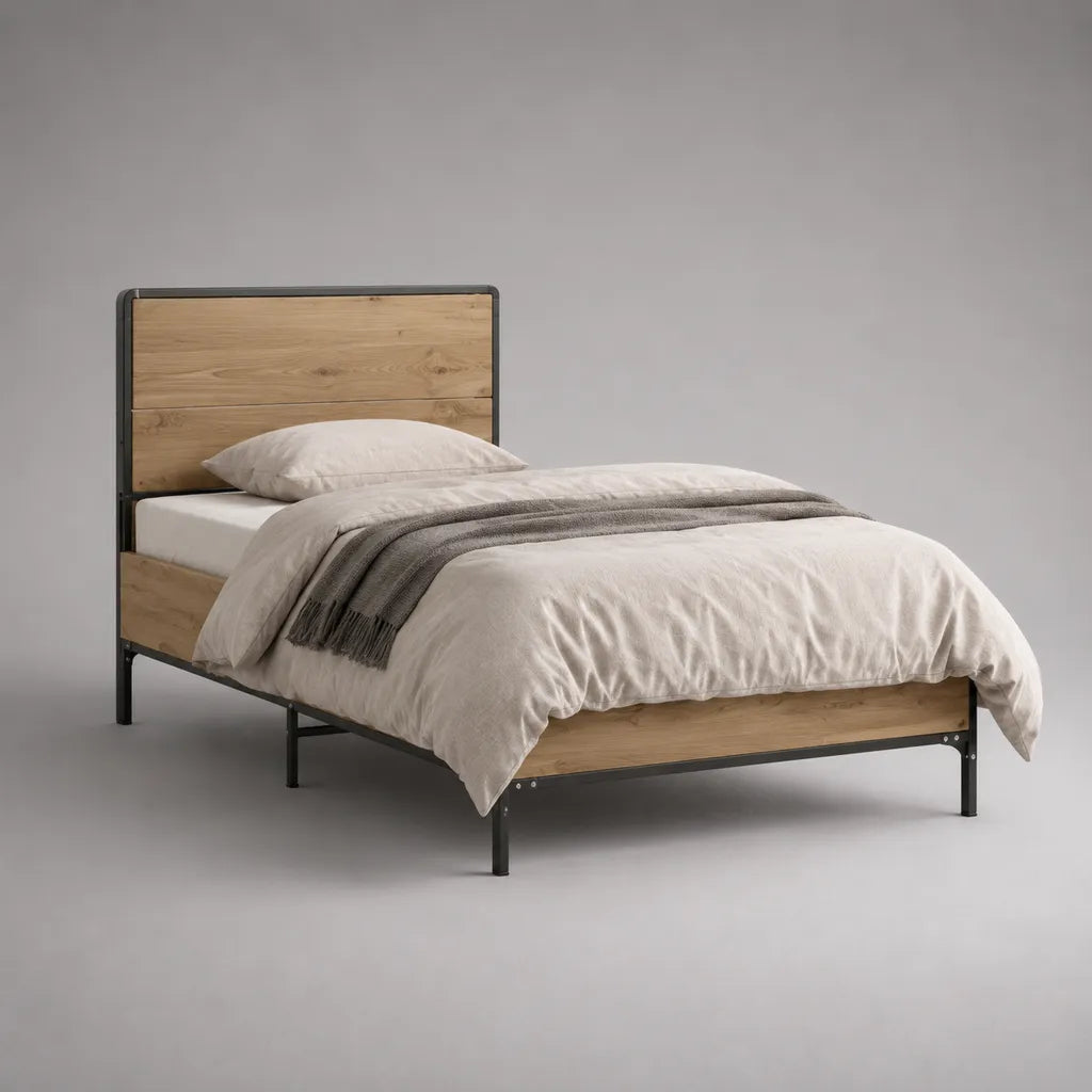 Doppelbett-Bettgestell 140 x 200 cm aus Stahl und MDF in Eichenoptik, Natur/Schwarz
